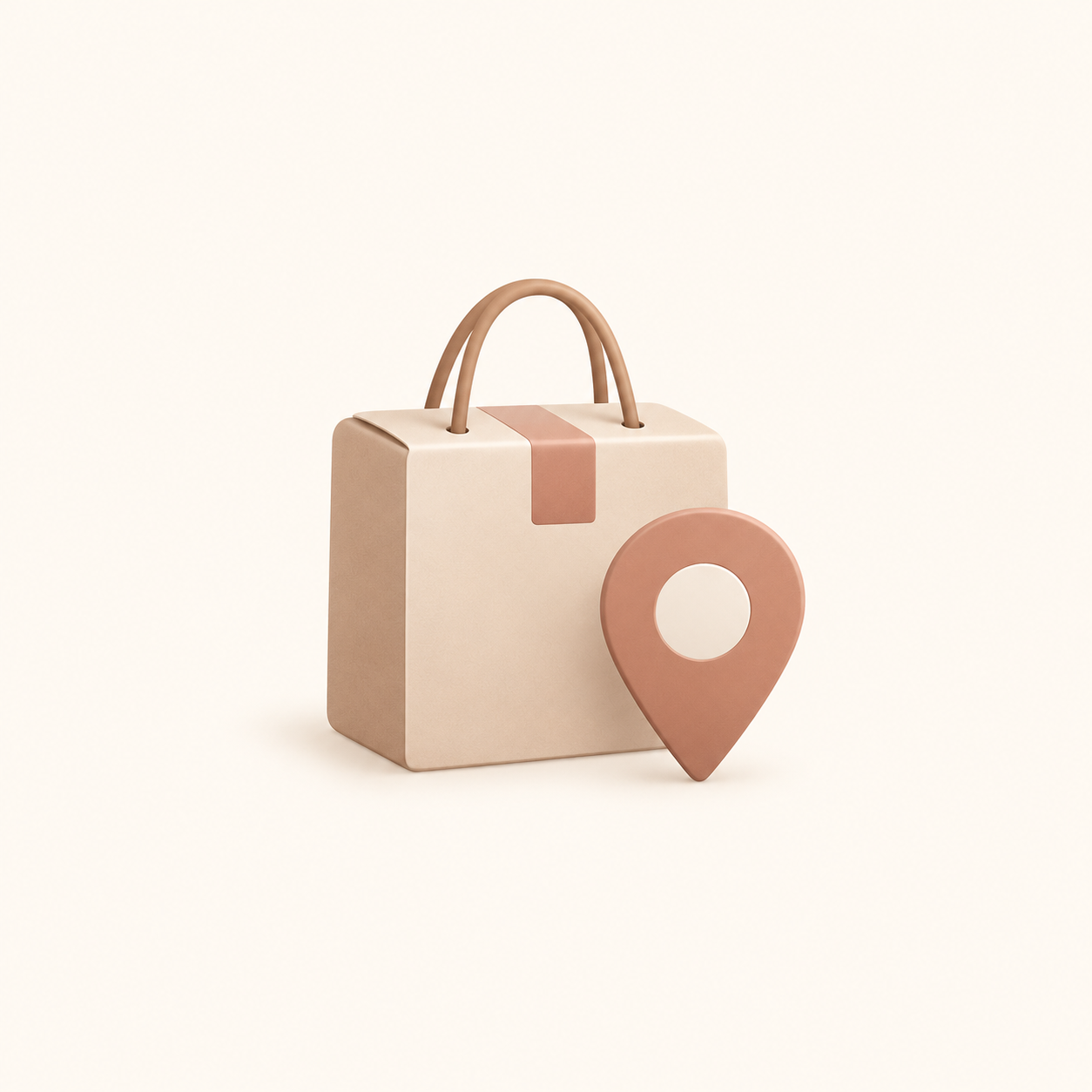 Beige shopping bag with pink handle and pink strip, placed beside a large pink location pin symbol, on a plain light background.