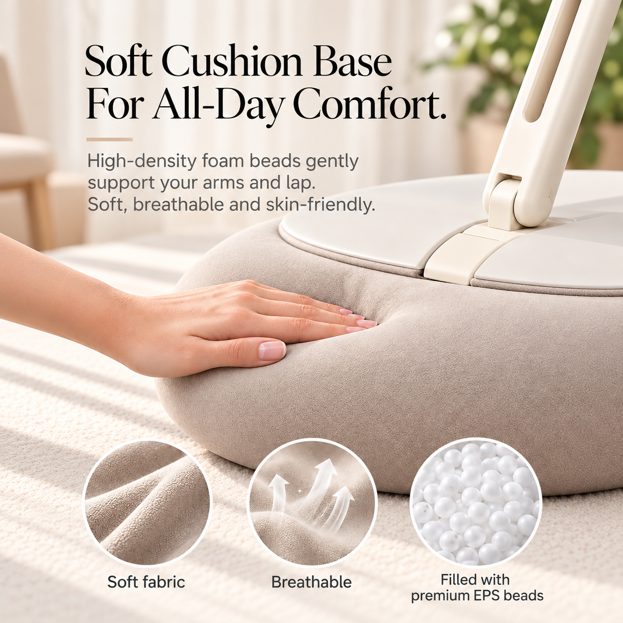Close-up of the ALYVI V2 soft cushion base showing breathable fabric and premium EPS foam bead filling.