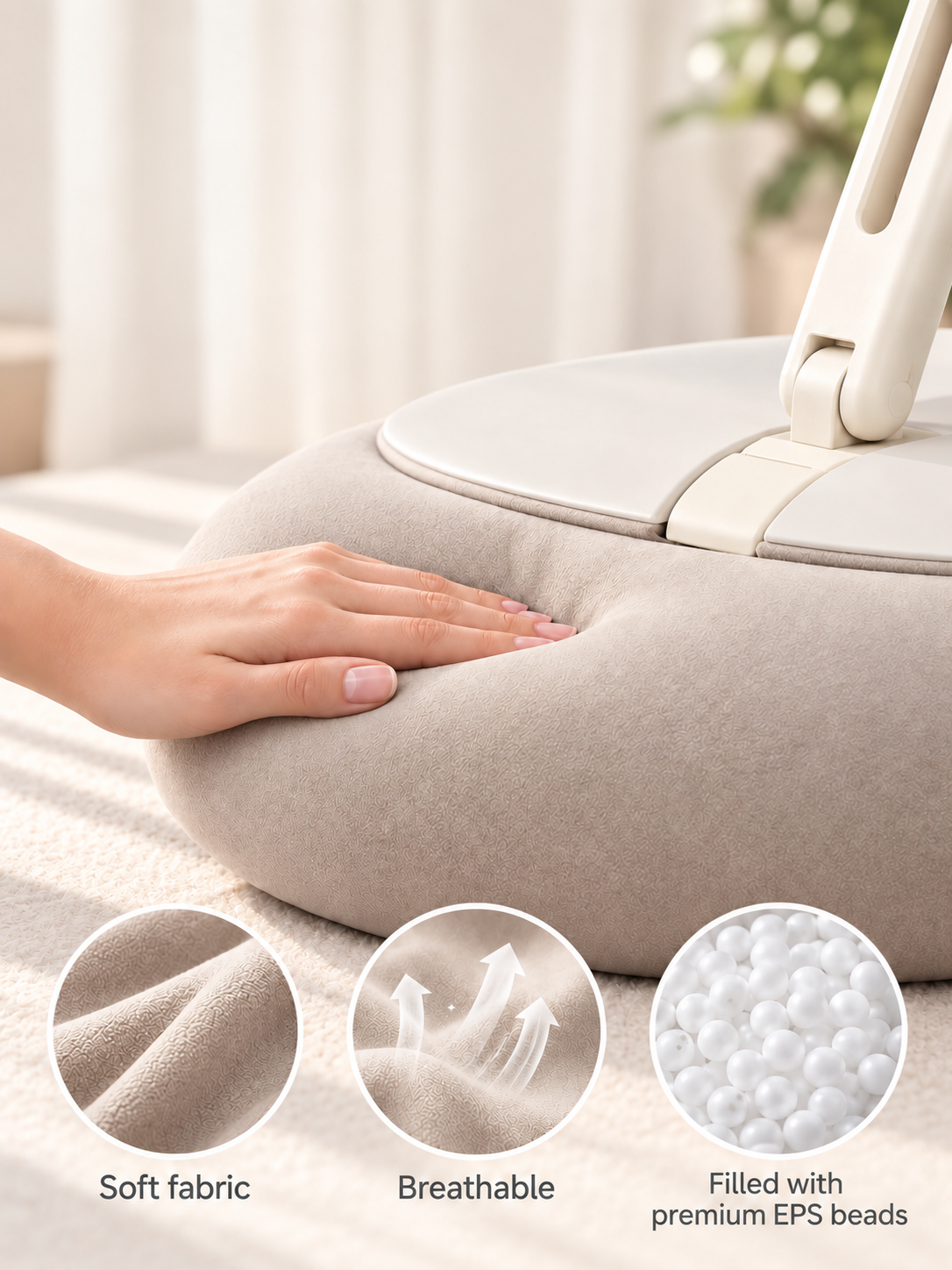Close-up of the ALYVI cushion base showing soft fabric, breathable material and EPS foam bead filling.