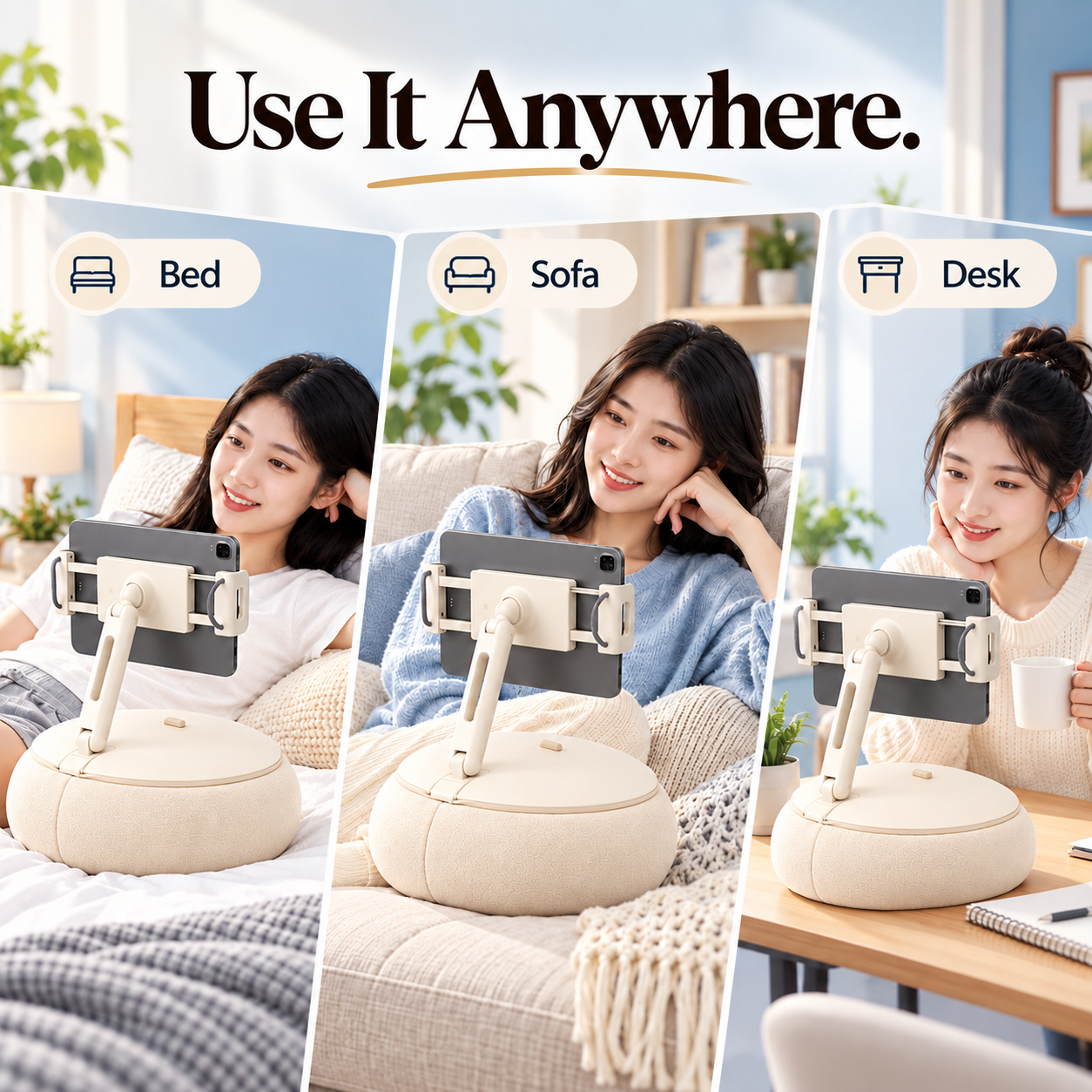ALYVI V3 cushioned tablet and phone stand shown in everyday use on a bed, sofa and desk.