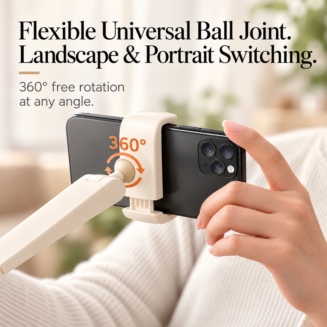 ALYVI V2 flexible ball joint phone holder showing 360-degree rotation and landscape or portrait viewing.