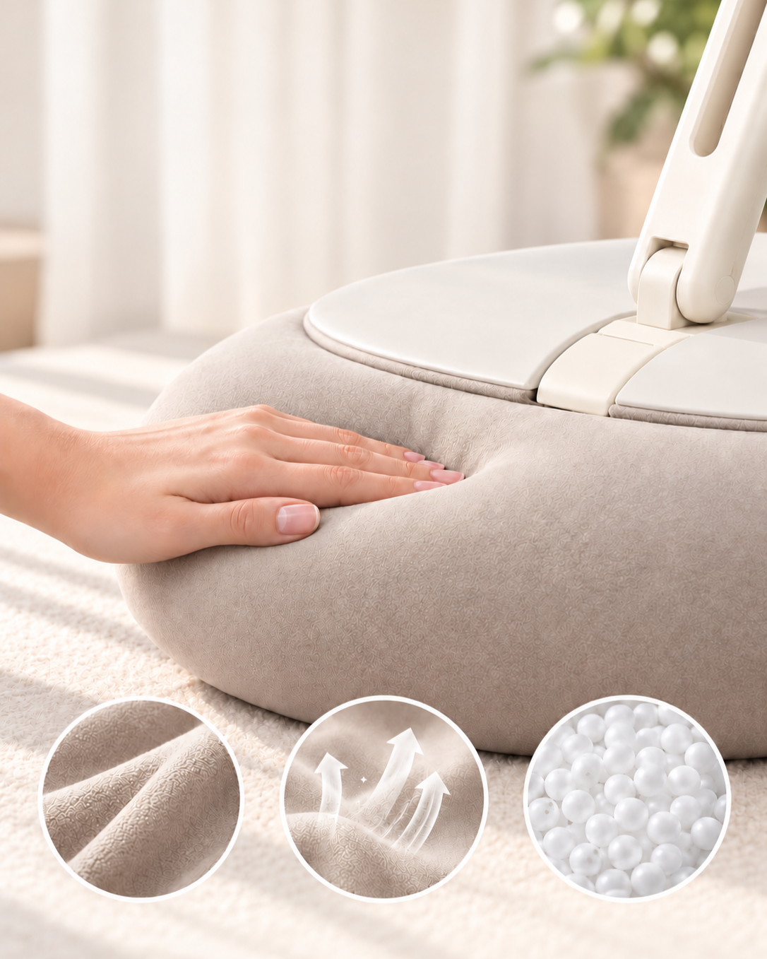 Hand pressing on a massage chair with foam beads in a white fabric, cushioned seat, and adjustable backrest in a well-lit room.