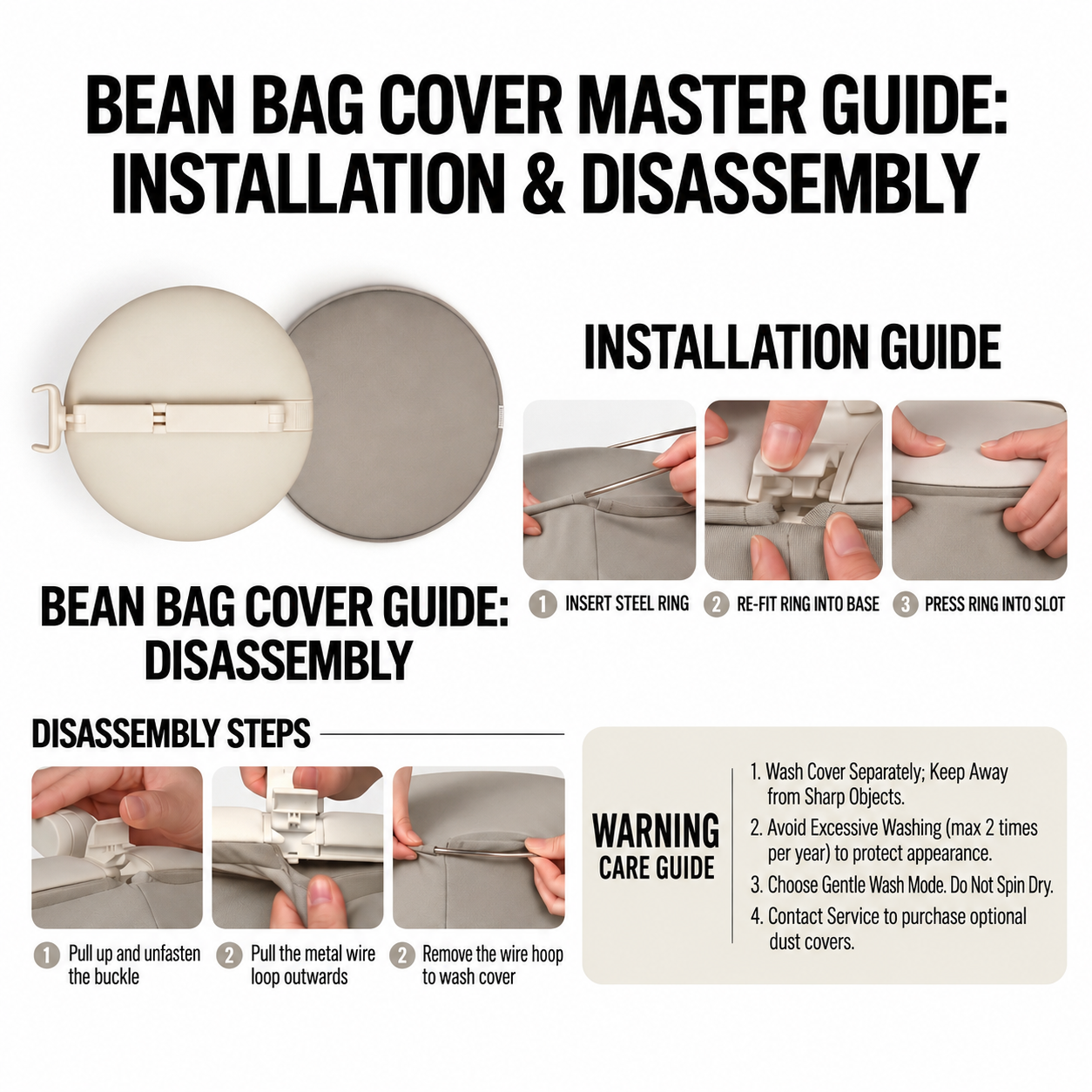 ALYVI cushion cover installation and disassembly guide showing how to remove and refit the steel ring and fabric cover.