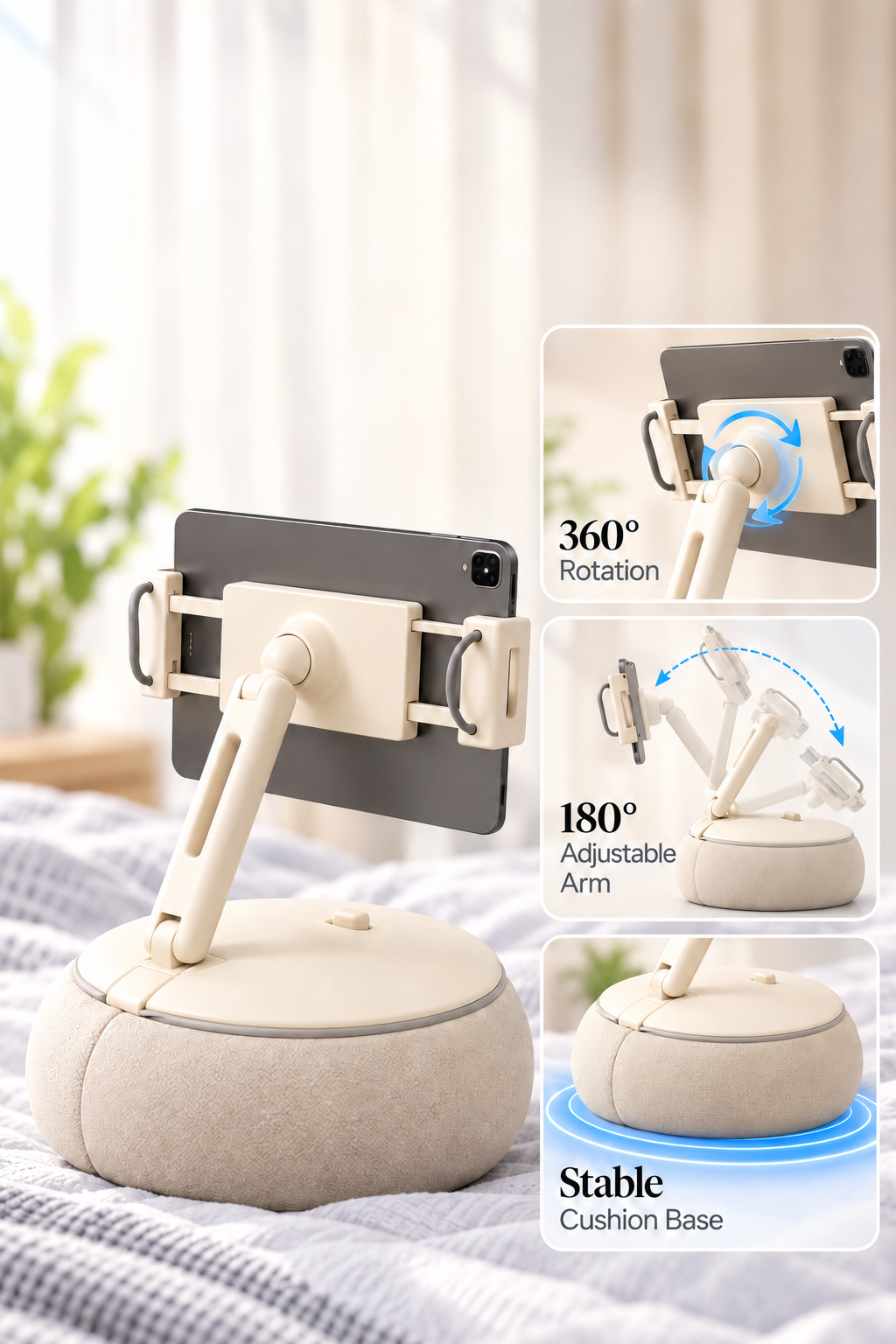 ALYVI V3 cushioned tablet and phone stand showing its adjustable arm and flexible viewing angles.
