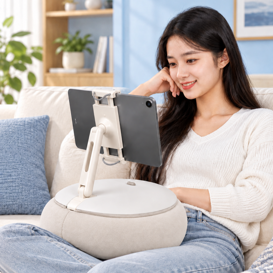 Woman relaxing on a sofa using the ALYVI V3 cushioned tablet stand hands-free on her lap.