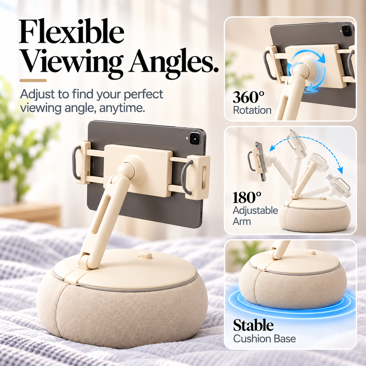 ALYVI V3 adjustable tablet and phone stand showing 360-degree holder rotation, adjustable arm movement and stable cushion base.