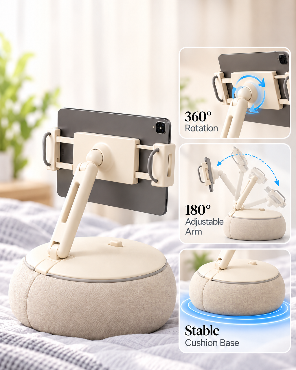 A multi-angle view of a device with a cushioned base, adjustable arm, and rotating holder for a tablet or phone, demonstrating 360-degree rotation, 180-degree arm movement, and stable cushion base.