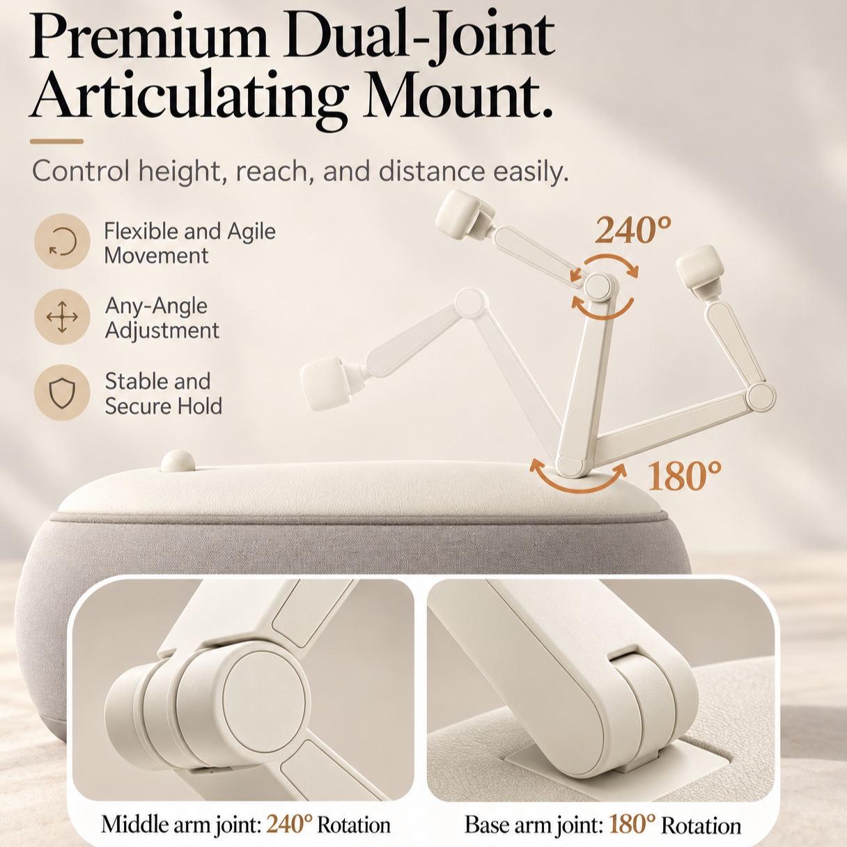 ALYVI V2 dual-joint articulating mount showing flexible arm movement, reach adjustment and stable phone support.