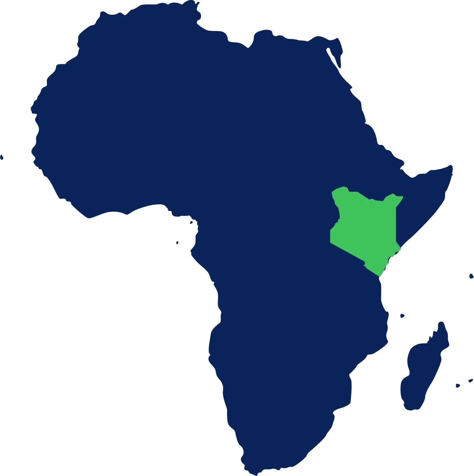 Map of Africa with a section in the southeastern part highlighted in green.