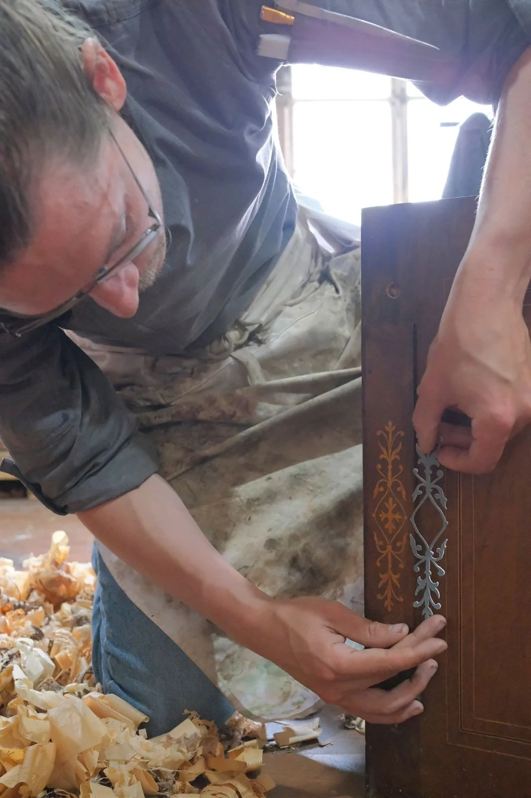 Testing the marquetry shape. Photo by Philip Burrows