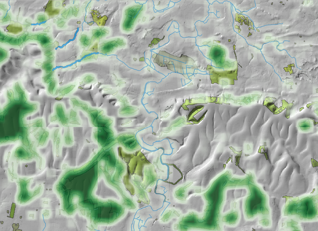 Topographical map showing elevation with green indicating bat suitable habitat distribution, grays represent hill shade terrain, and blue lines representing rivers in a mountainous region.