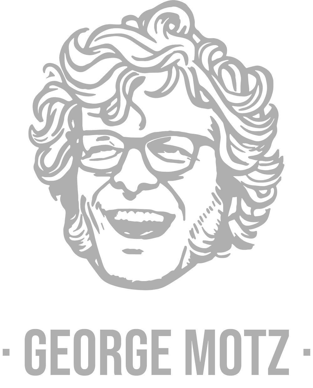 A stylized gray line drawing of a man's face with glasses and shoulder-length hair, with the name 'George Motz' written underneath.