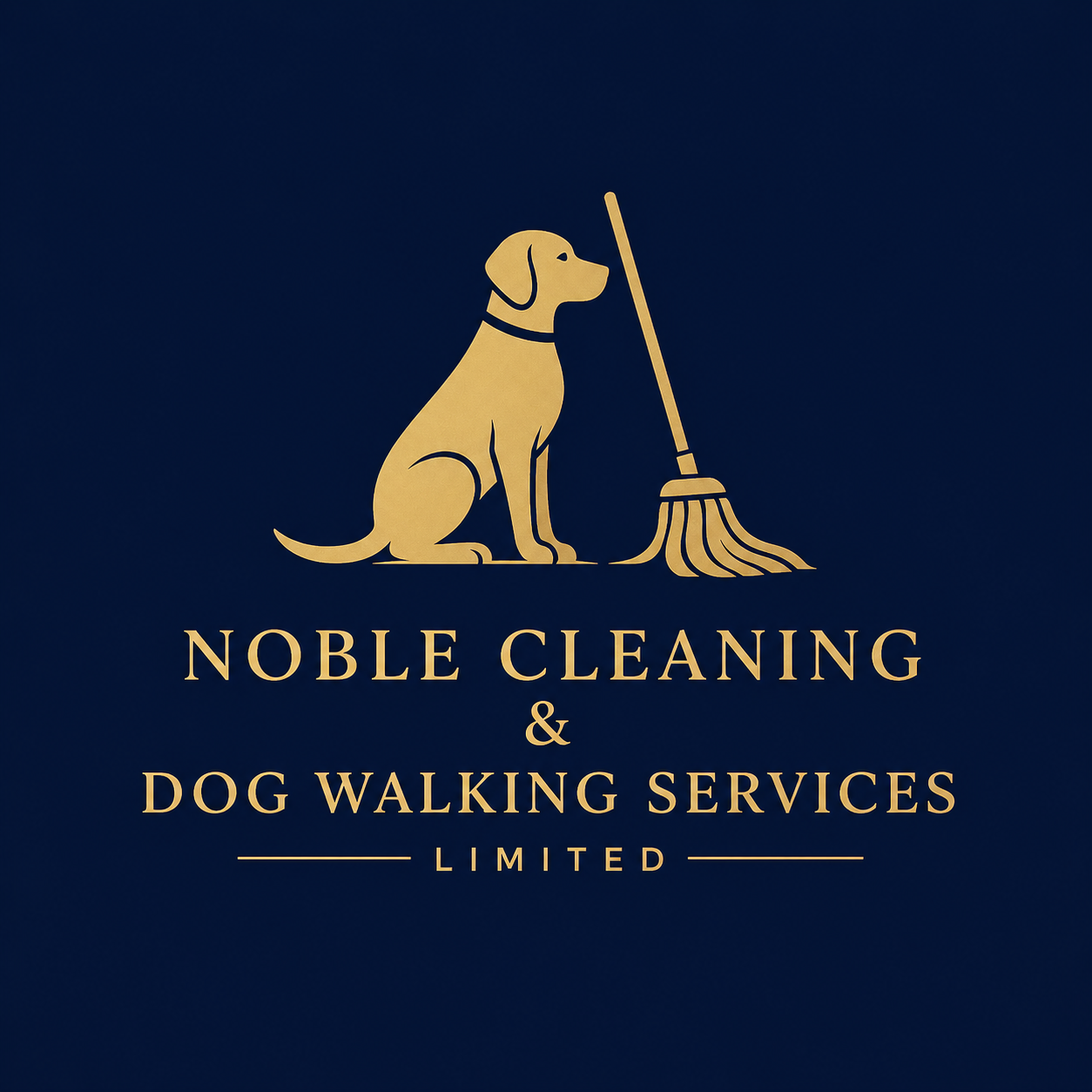 Logo for Noble Cleaning & Dog Walking Services Limited featuring a gold silhouette of a dog sitting with a broom leaning against it, on a dark blue background.