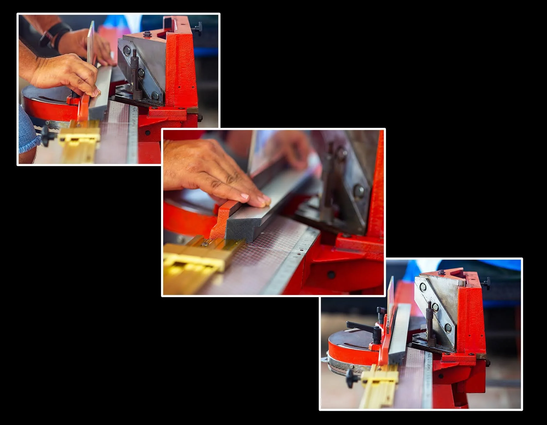 Close-up of a person working with a pipe cutting machine, using their hands to cut a piece of pipe on a worktable.