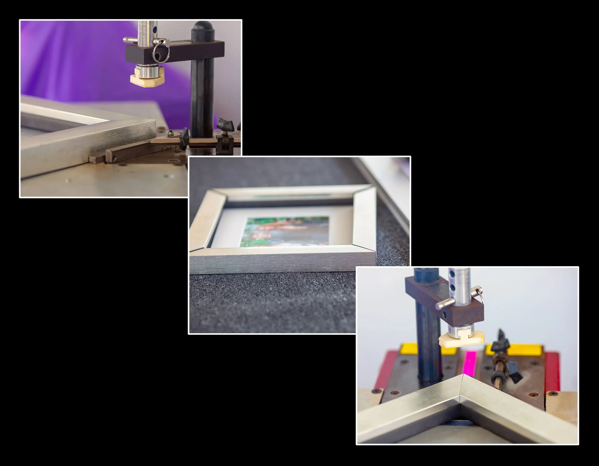 Close-up of a scientific or industrial machine with metal parts, knobs, and a purple background. A framed photograph of a landscape is visible in the foreground.