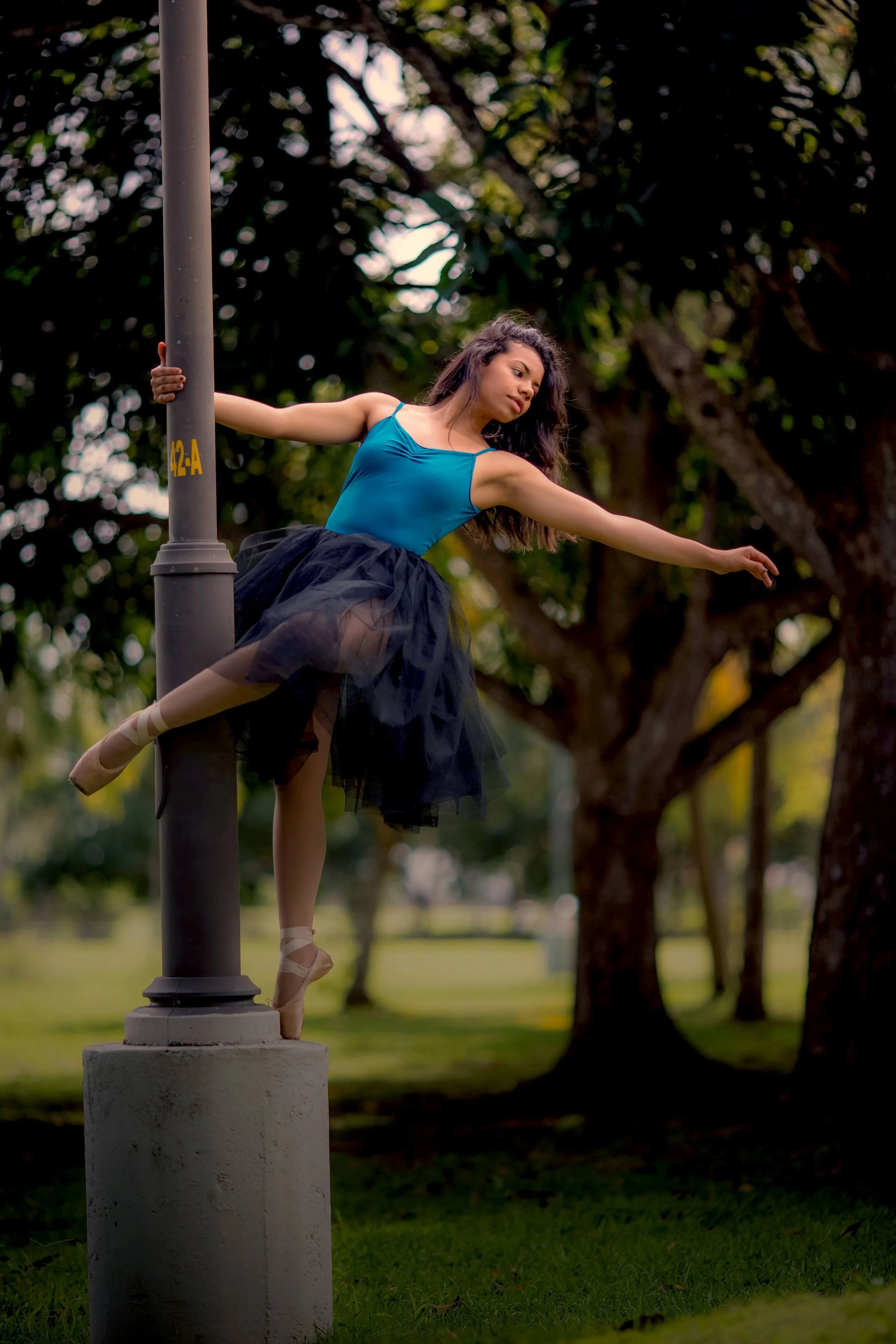 A young woman wearing a blue top and black tutu, standing on one leg on her toes, balancing on a park lamp post in a green park with trees in the background.