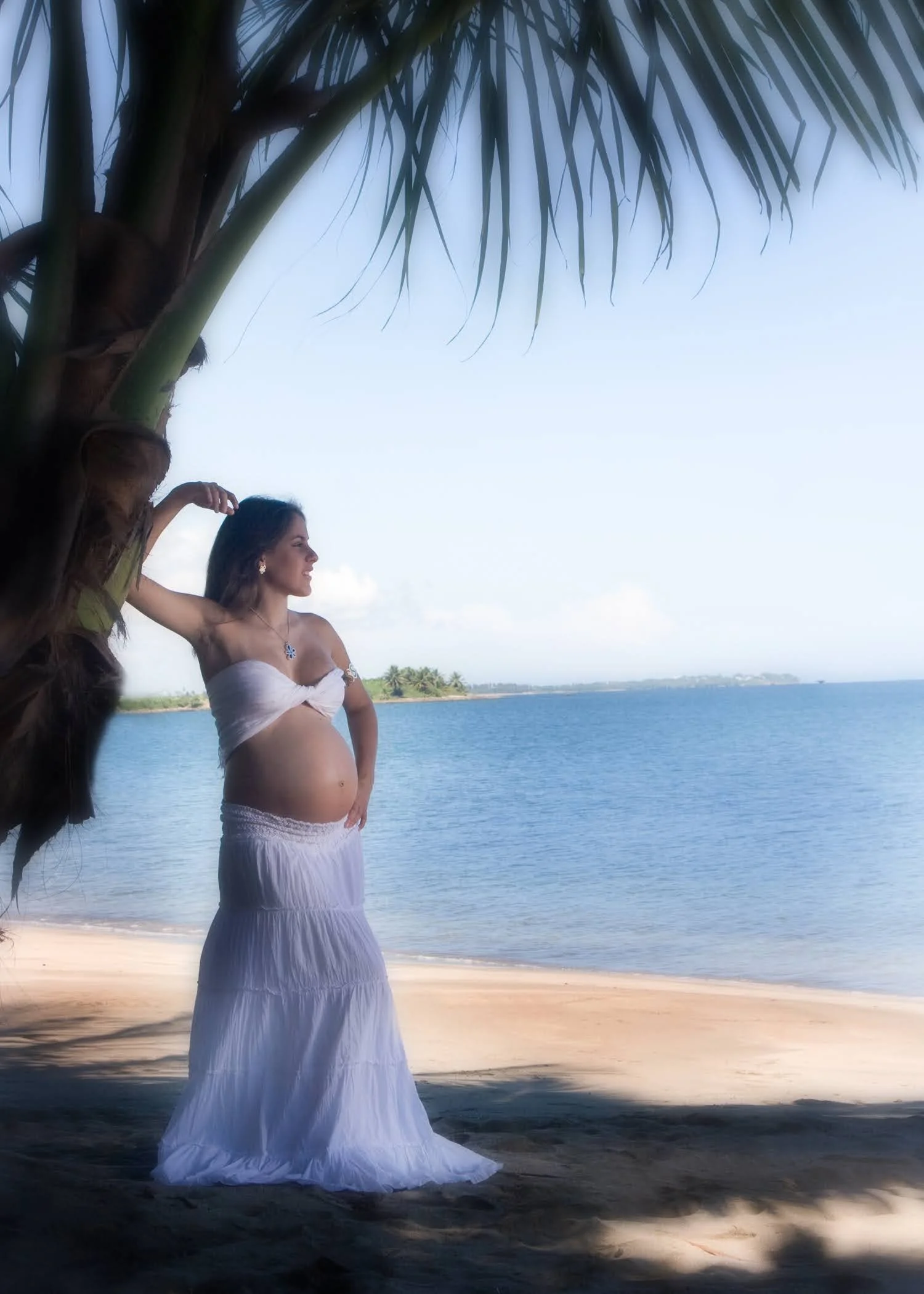 A pregnant woman in a white strapless dress standing on a beach near the water, with a tree overhead and a distant shoreline in the background.