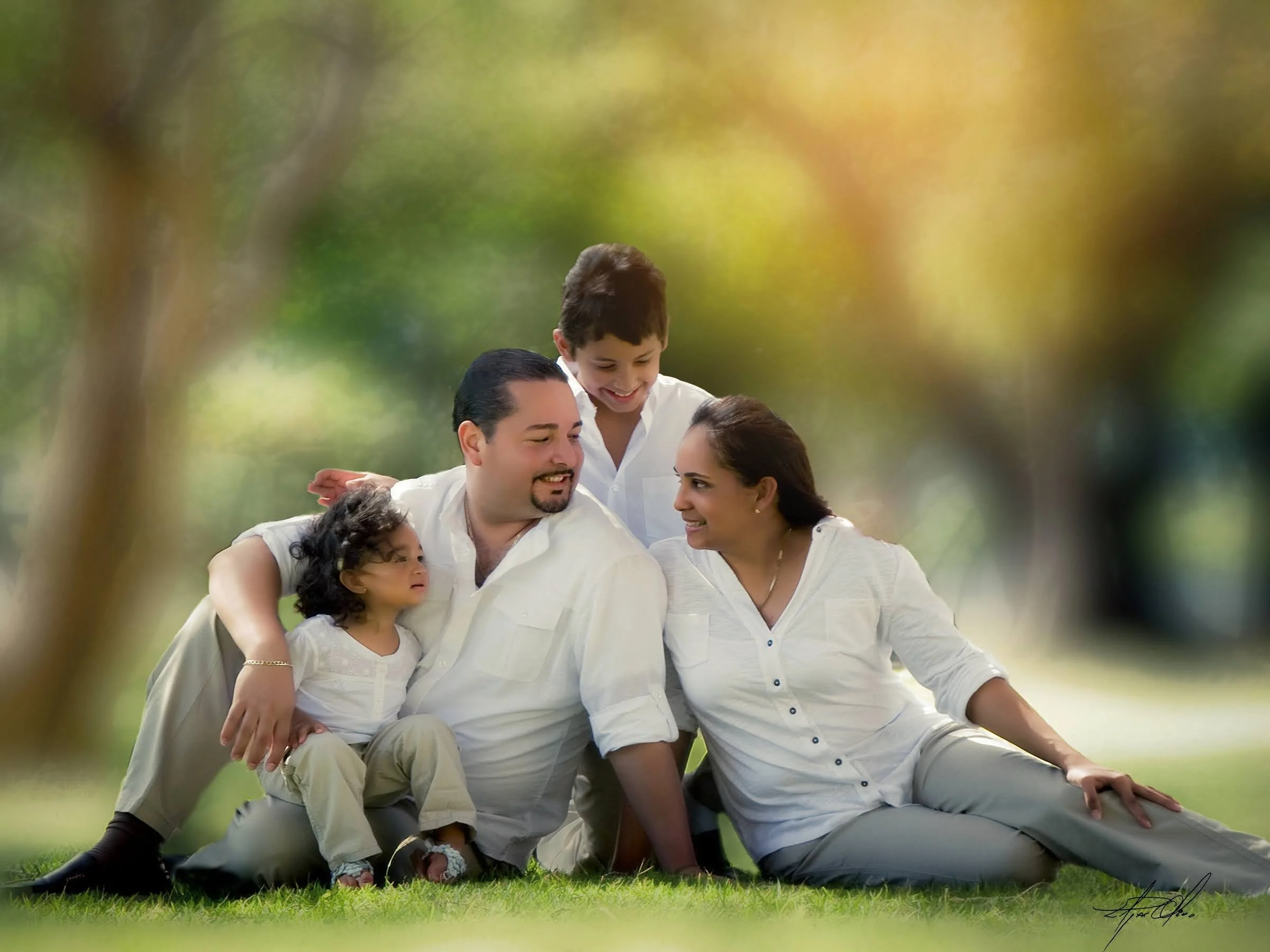 A happy multi-generational Indian family outdoors in a park, sitting and standing together on green grass, smiling and enjoying each other's company with blurred trees and sunlight in the background.