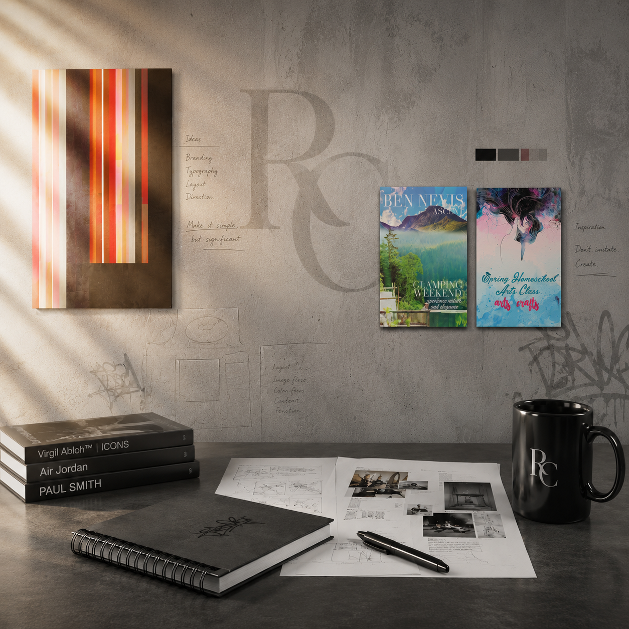 Work desk with art books, printed sketches, a pen, and a coffee mug, with a textured wall featuring various posters and notes in the background.