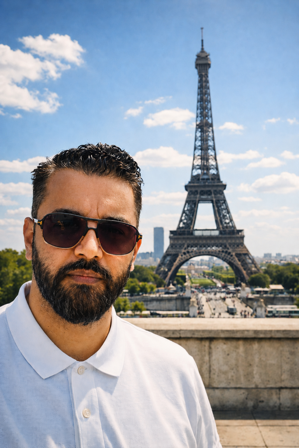 A man with dark hair, beard, and sunglasses wearing a white polo shirt takes a selfie in front of the Eiffel Tower in Paris, France, on a sunny day with a partly cloudy sky.