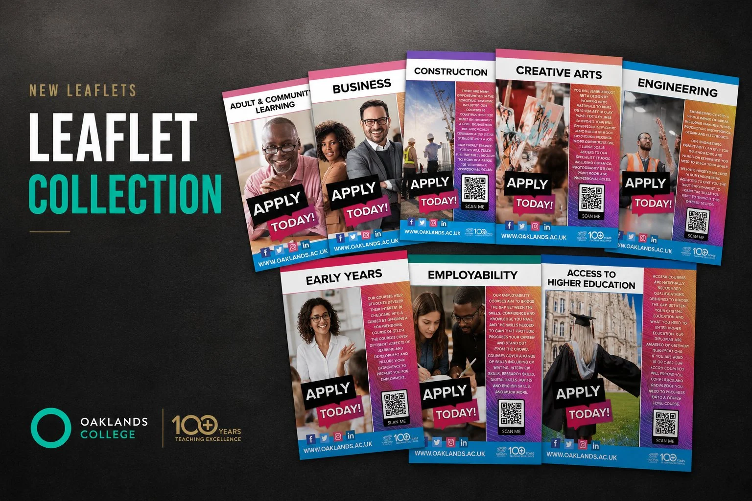 These leaflet designs were created as part of the previous Oaklands College brand identity and formed a large scale campaign promoting a wide range of courses and opportunities across the college. The aim of the project was to create a bold and engag