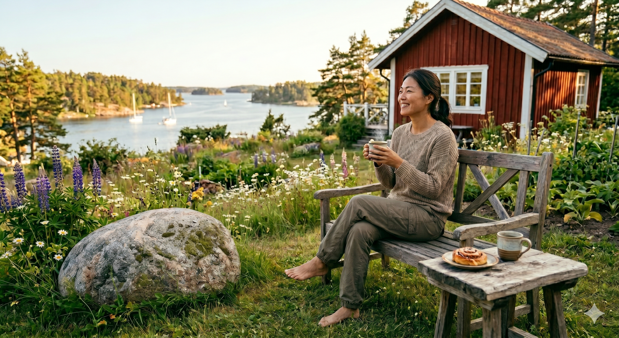 A woman sitting on a wooden bench in a garden with flowers, holding a mug and smiling, with a red house and river with sailboats in the background during sunset.