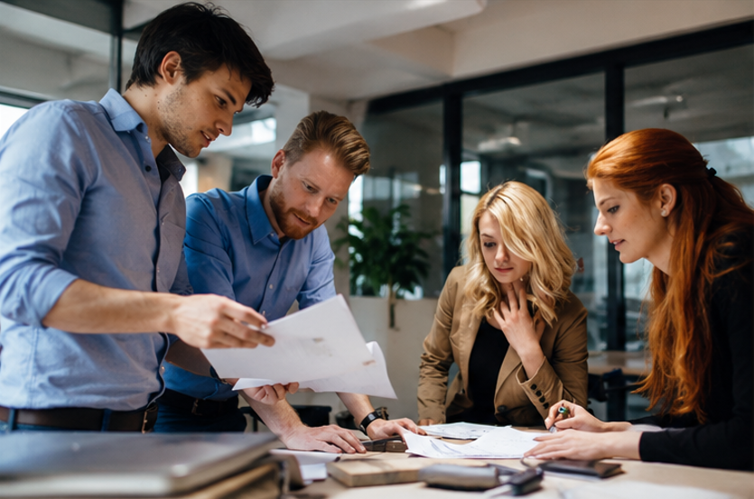 Four professionals collaborating and reviewing documents in a modern office conference room.
