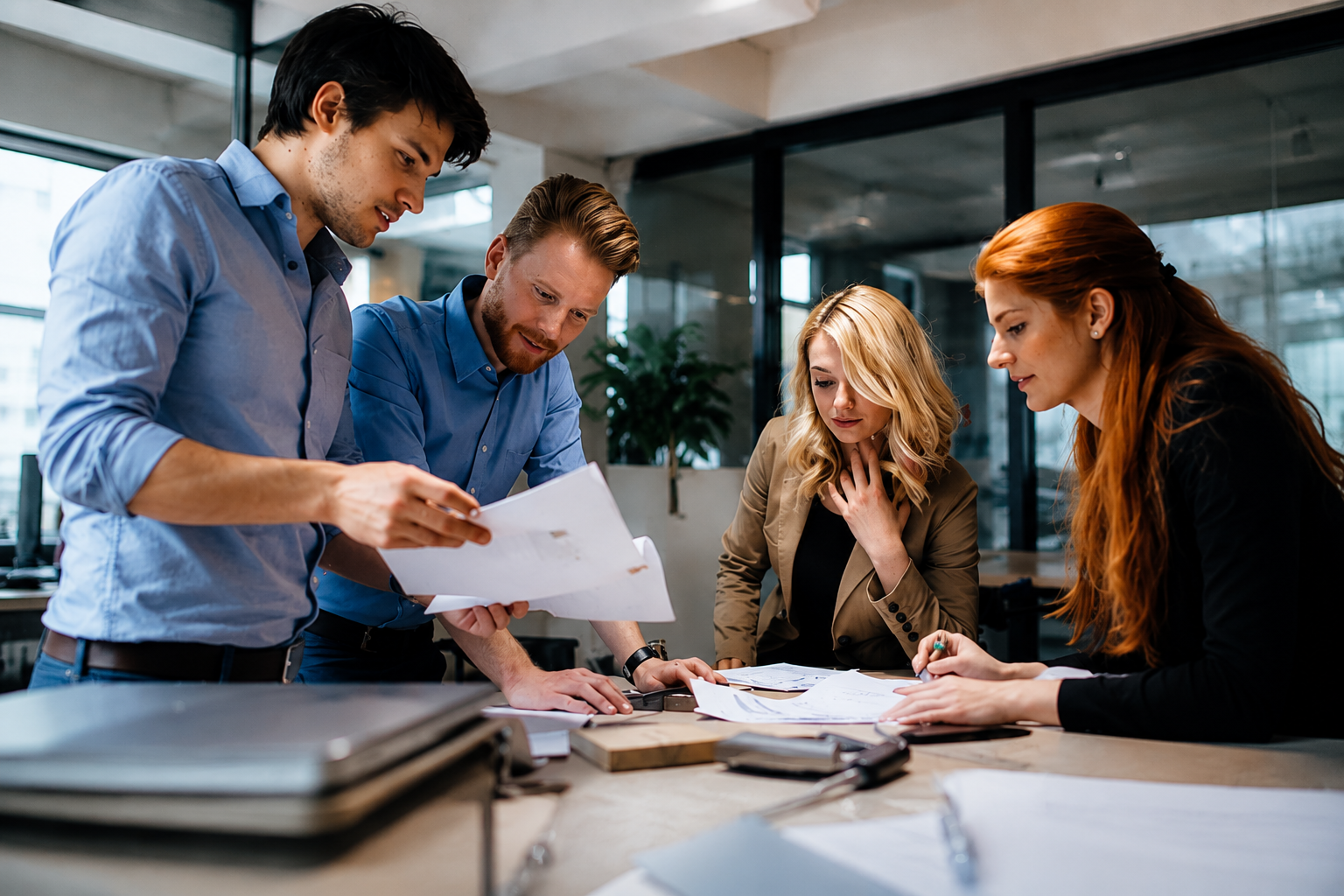 Four professionals gathered around a table, reviewing documents in a modern office with large windows and plants.