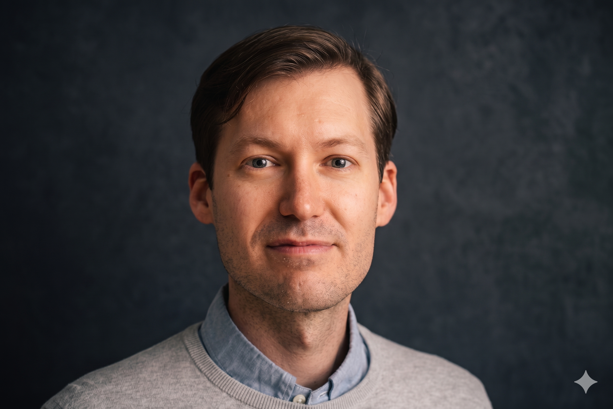 Close-up of a young man with brown hair, blue eyes, and a slight smile, wearing a light gray sweater over a blue collared shirt, against a dark gray background.
