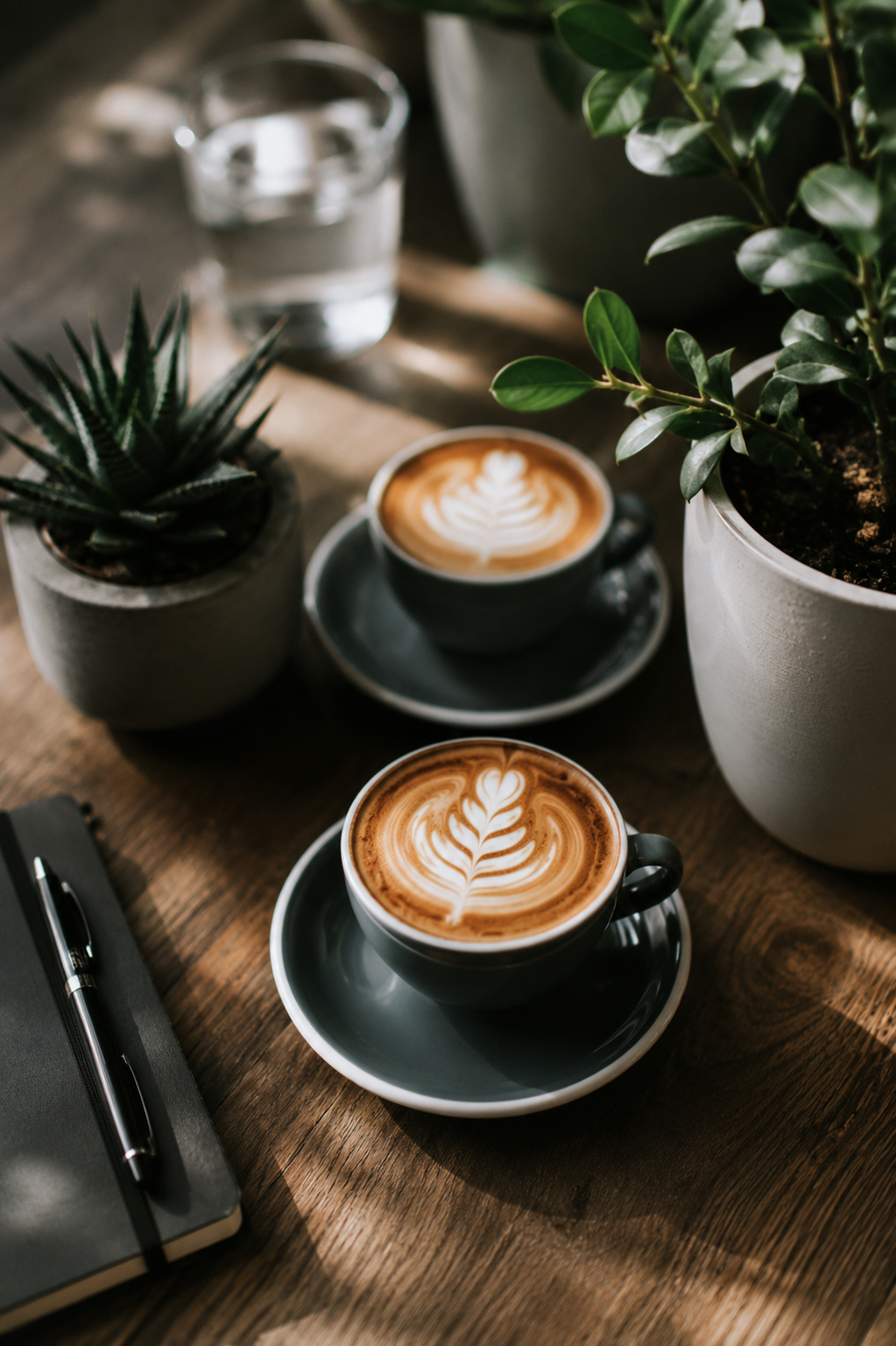 A wooden table with two black coffee cups filled with latte arts, potted plants including a cactus and a leafy green plant, a notebook with a pen, and a glass of water.