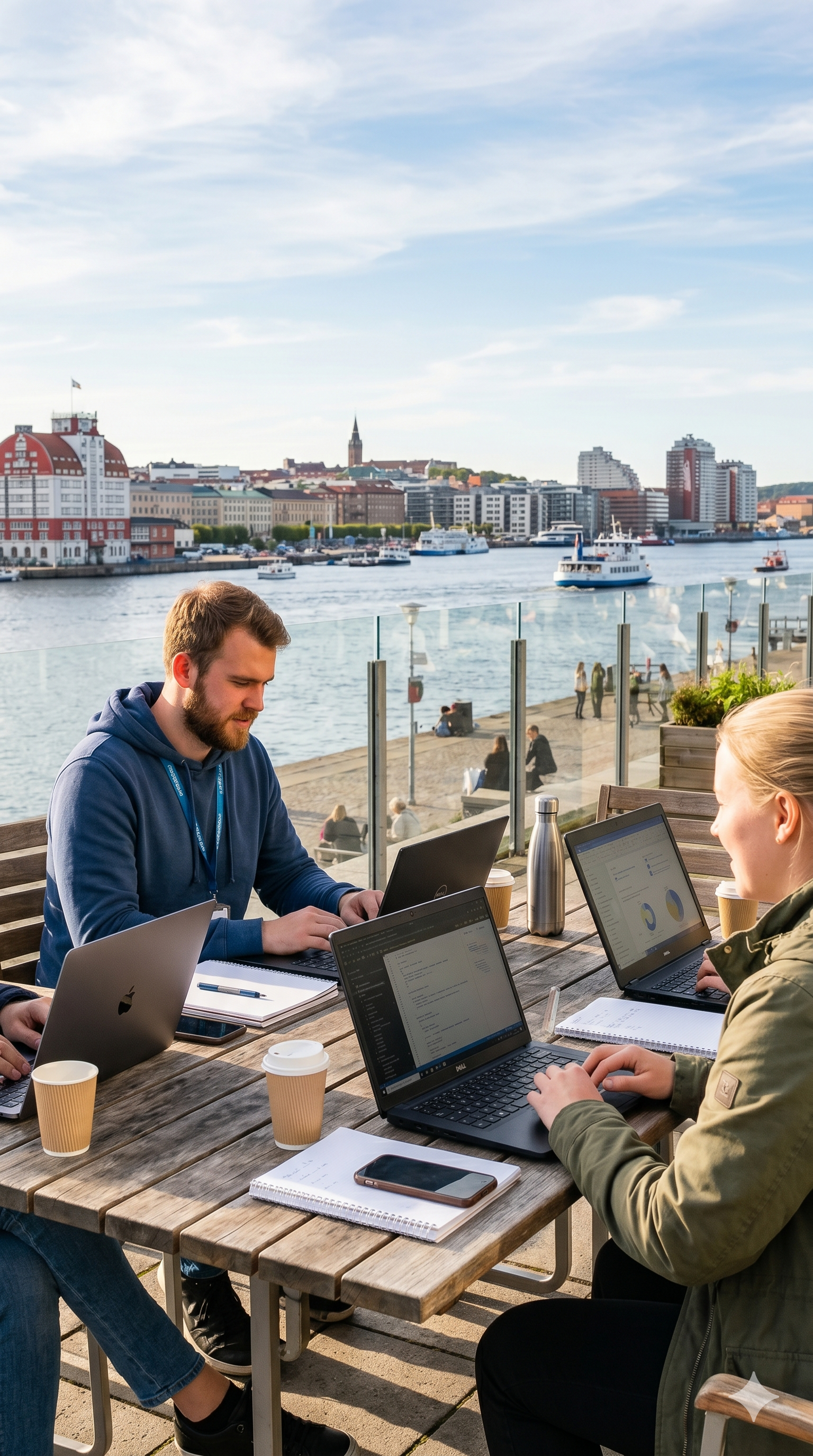 People working on laptops at an outdoor café near the water with boats and a city skyline in the background.