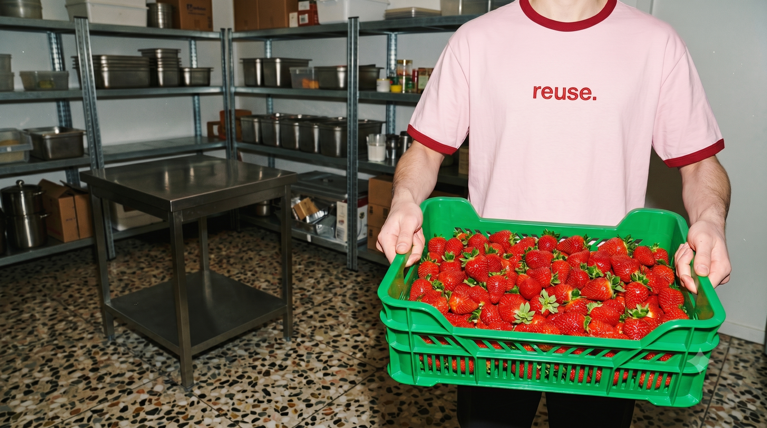 Persona sosteniendo una caja de plástico reutilizable con varias fresas maduras en un ambiente de almacén o cocina.