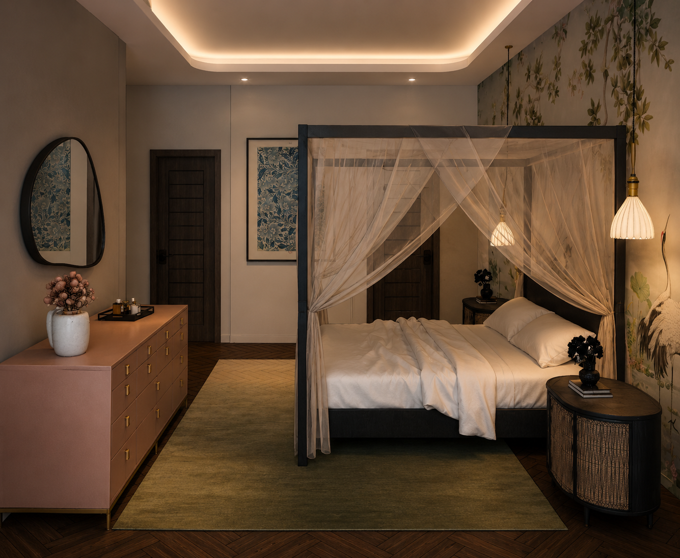 Chinoserie master bedroom and en-suite bathroom