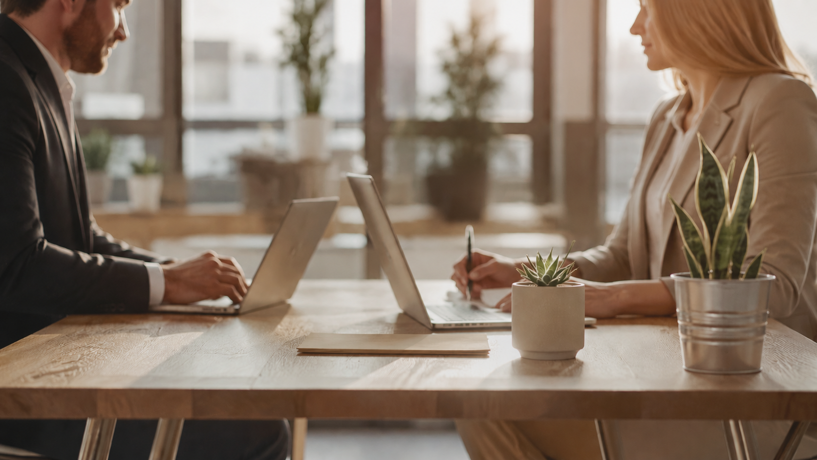 Deux personnes en réunion dans un bureau, utilisant un ordinateur portable. Plantes en pot sur la table, fenêtres laissant entrer la lumière naturelle.