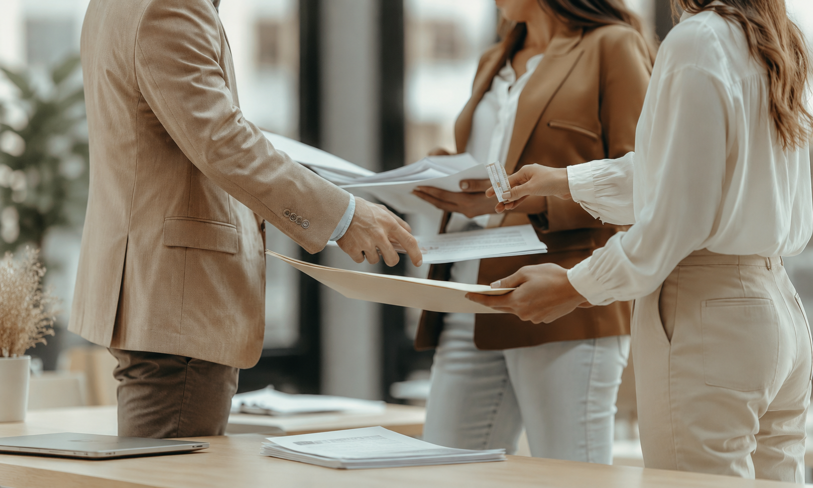 Trois personnes en réunion, échangeant des documents dans un bureau moderne, avec un ordinateur portable et des piles de papiers sur la table.