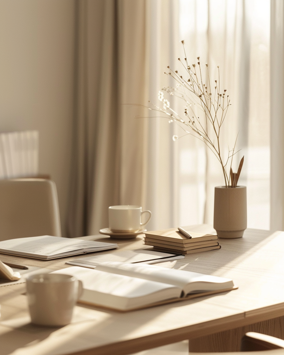 Table en bois clair avec des livres ouverts, une tasse blanche, un carnet empilé, un stylo, un vase beige avec des branches séchées et une autre tasse, près d'une fenêtre laissant passer la lumière naturelle.