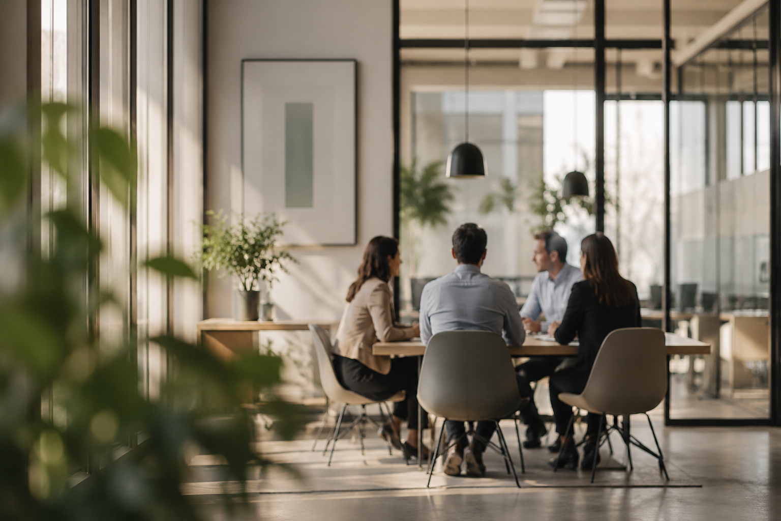 Groupe de quatre personnes en réunion dans une salle de conférence moderne avec beaucoup de lumière naturelle, plantes et décoration minimaliste.