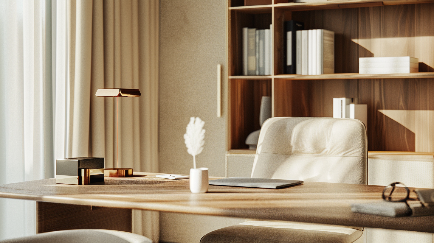 Bureau avec lampe de bureau, vase avec une plante en papier, and un ordinateur portable sur une table en bois, avec une bibliothèque en bois en arrière-plan.