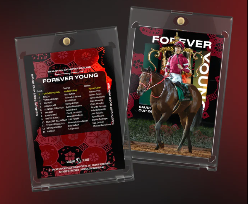 Two trading cards for Saudi Arabia's Queen of the Hill horse racing event. One card features a rider in pink riding a horse; the other lists race results and participants.