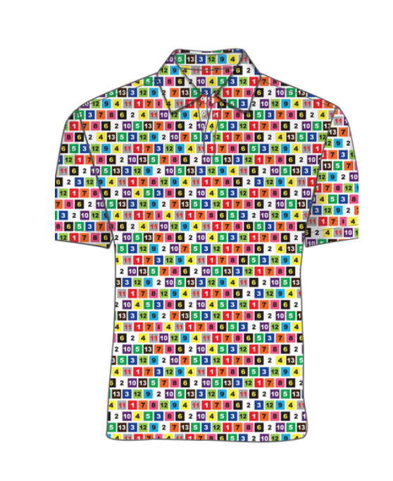 A short-sleeved button-up shirt with a colorful, all-over print of numbered squares in blue, red, yellow, green, black, and white.