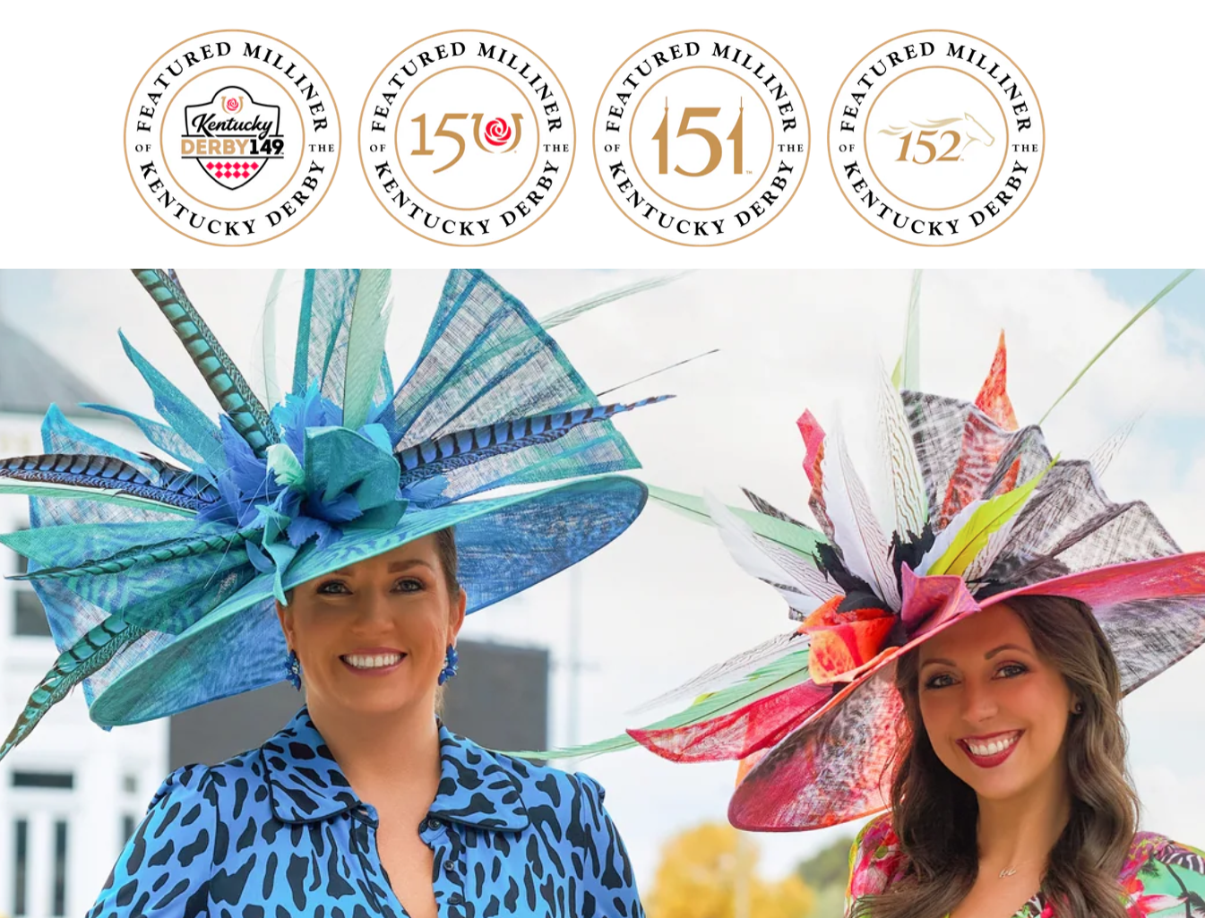 Two women wearing colorful, elaborate hats at the Kentucky Derby, smiling outdoors.