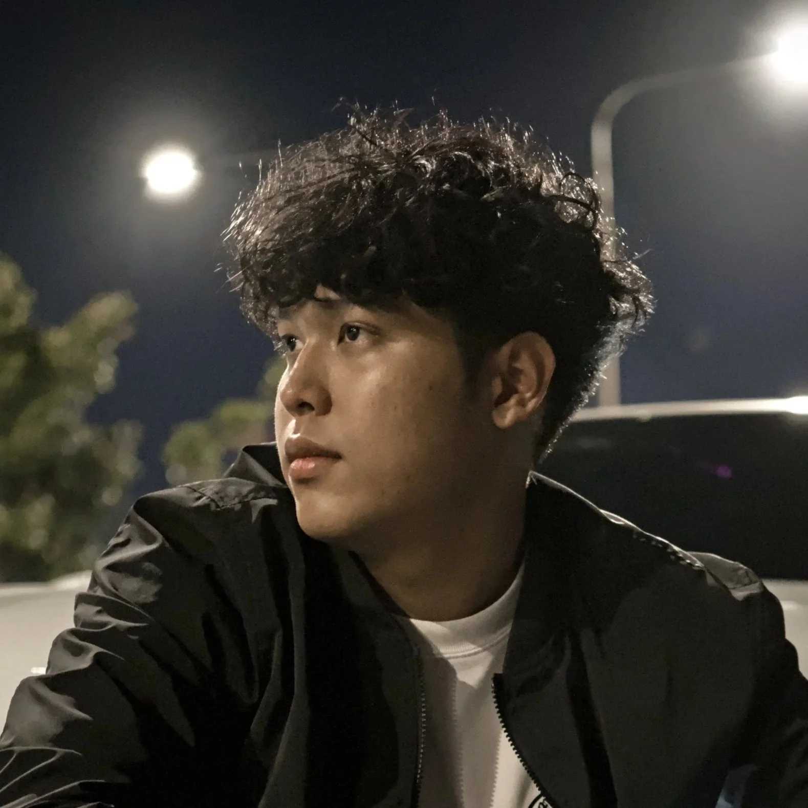A young man with curly dark hair, wearing a black jacket and a white shirt, looking to the left during nighttime with streetlights and moon visible in the dark sky.