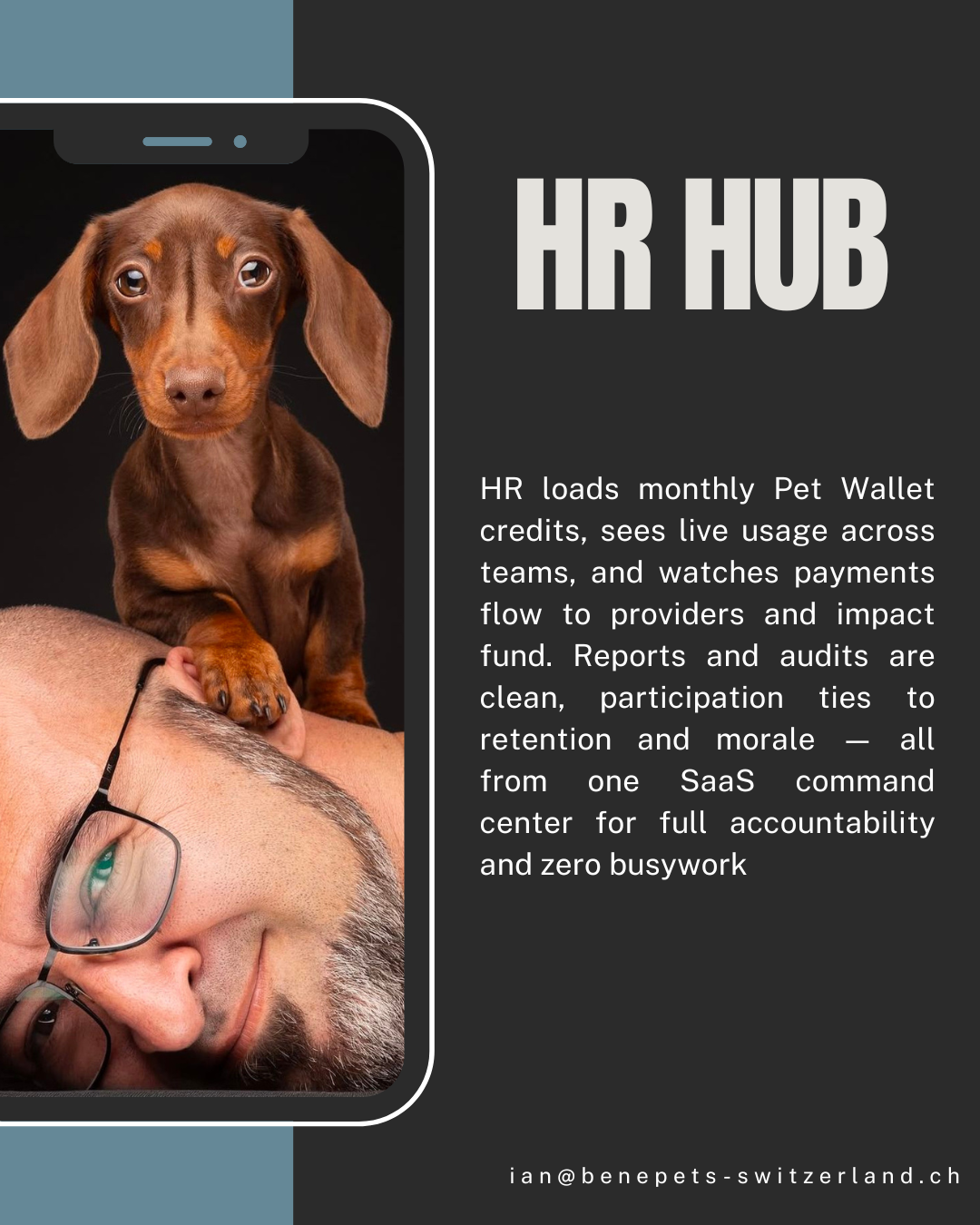 A person with glasses lying face down, a Dachshund puppy sitting on their back, and a black background with text promoting HR Hub pet wallet management services.