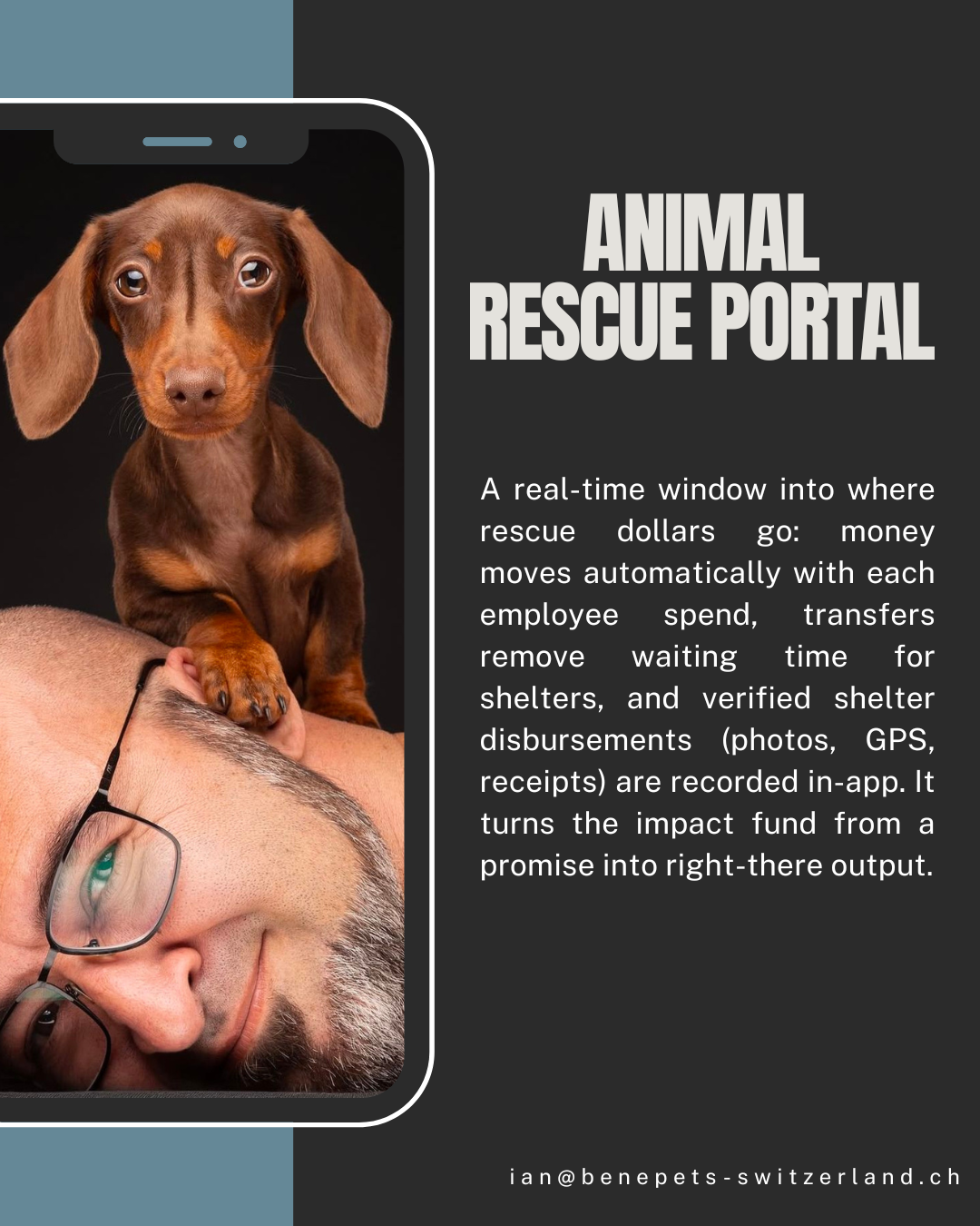 A promotional poster for an animal rescue portal featuring a dog with floppy ears, a person with glasses, and a smartphone graphic. The text explains the portal's real-time tracking of rescue funds, expenditures, and verified shelter disbursements.