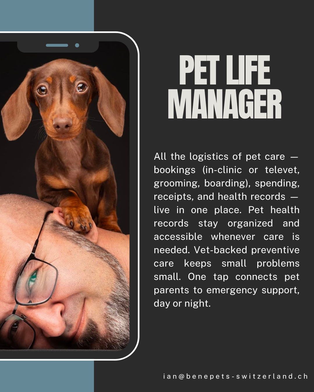 A promotional flyer for pet life management services featuring a dachshund puppy and a man with glasses. The folder emphasizes organized pet care including medical records and emergency support.