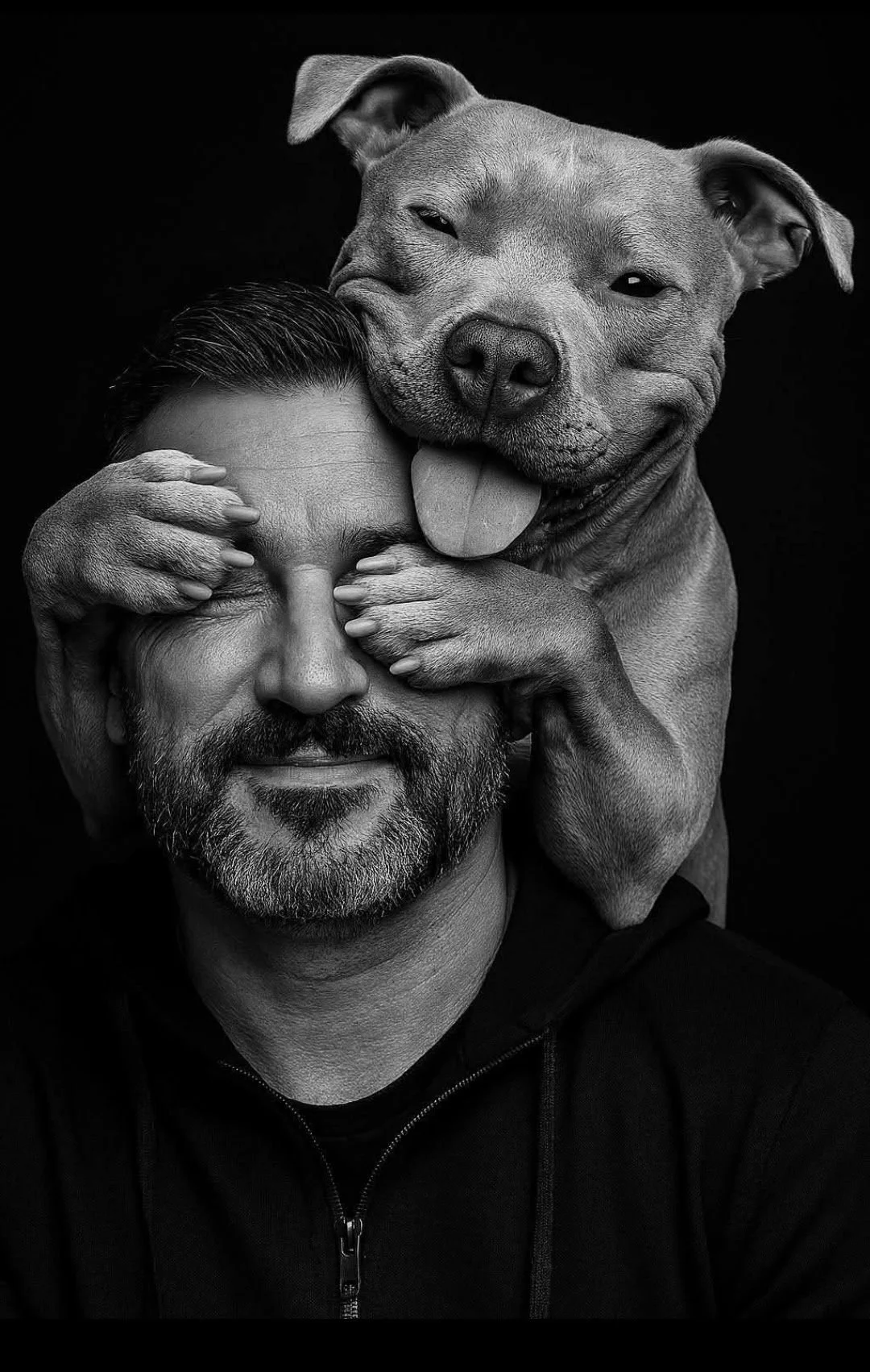 A black and white photo of a man with a beard smiling with his eyes closed. A dog is sitting behind him, with its front paws on the man's shoulders, covering his eyes with one paw and licking his face. The dog has a happy expression with its tongue out, and the background is dark.