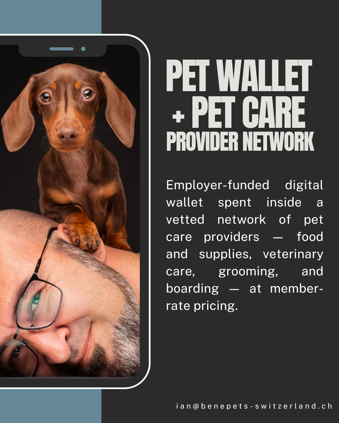 A promotional flyer showing a tablet with a picture of a smiling man with glasses and a puppy with floppy ears. The flyer advertises a pet wallet and pet care provider network, highlighting employer-funded digital wallet benefits for pet-related services and supplies.