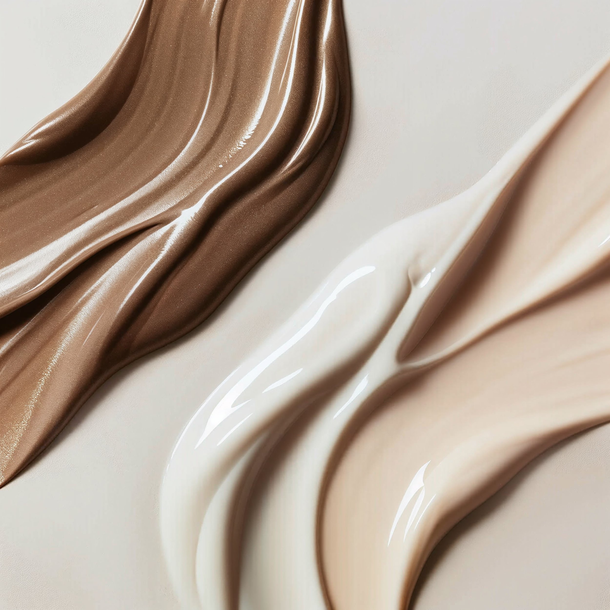 Close-up photograph of glossy, flowing drapes or fabric in shades of brown and beige.