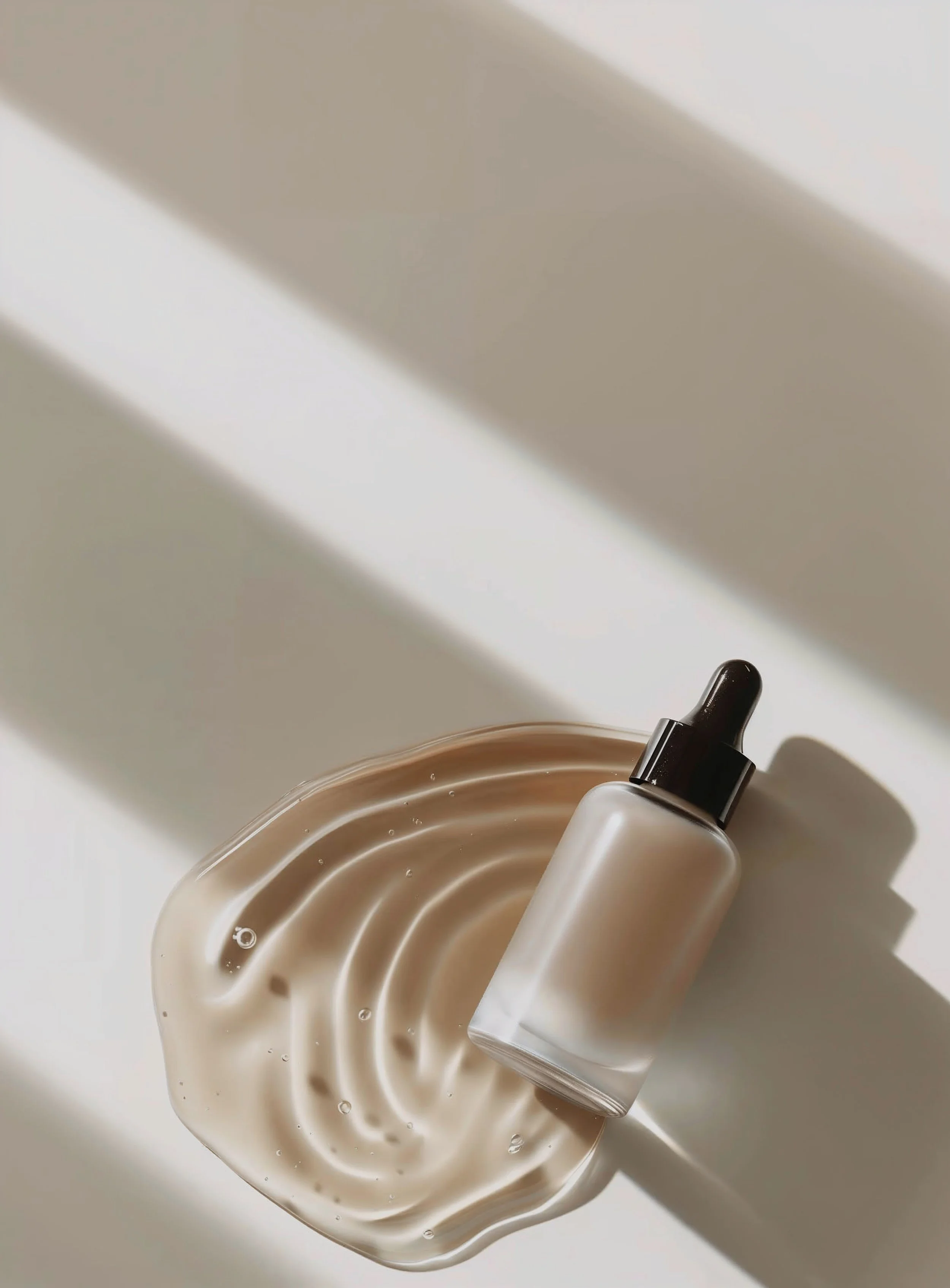 A bottle of moisturizer with a dropper cap next to a swirl of beige liquid foundation on a white surface.