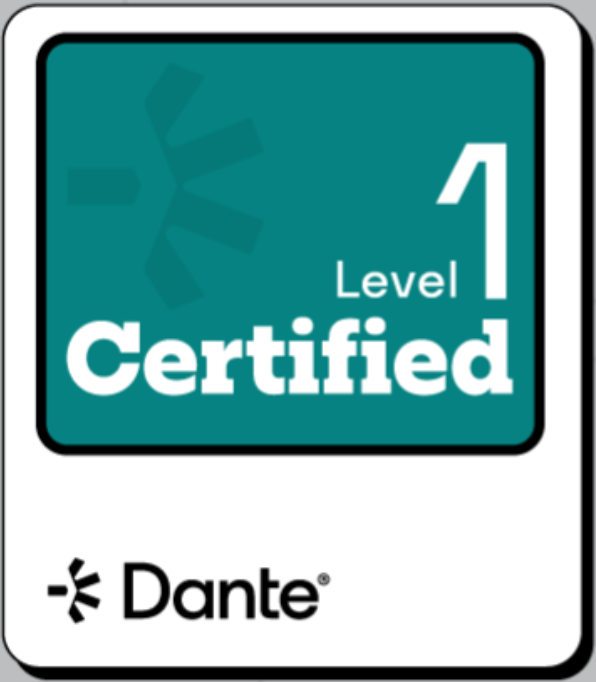 A certification badge for Level 1 Certified by Dante, featuring a teal background with the Dante logo.